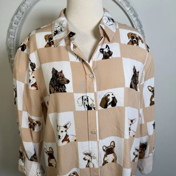 Jane and Delancey Dog Print Button Up Shirt Womens Frenchie Poodle Corgy Med Art - Picture 2 of 16